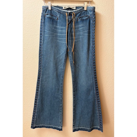 Express Denim - Vintage Y2K Express Flare Jeans Low Rise Grommet Studded Side Stripe Leather Tie